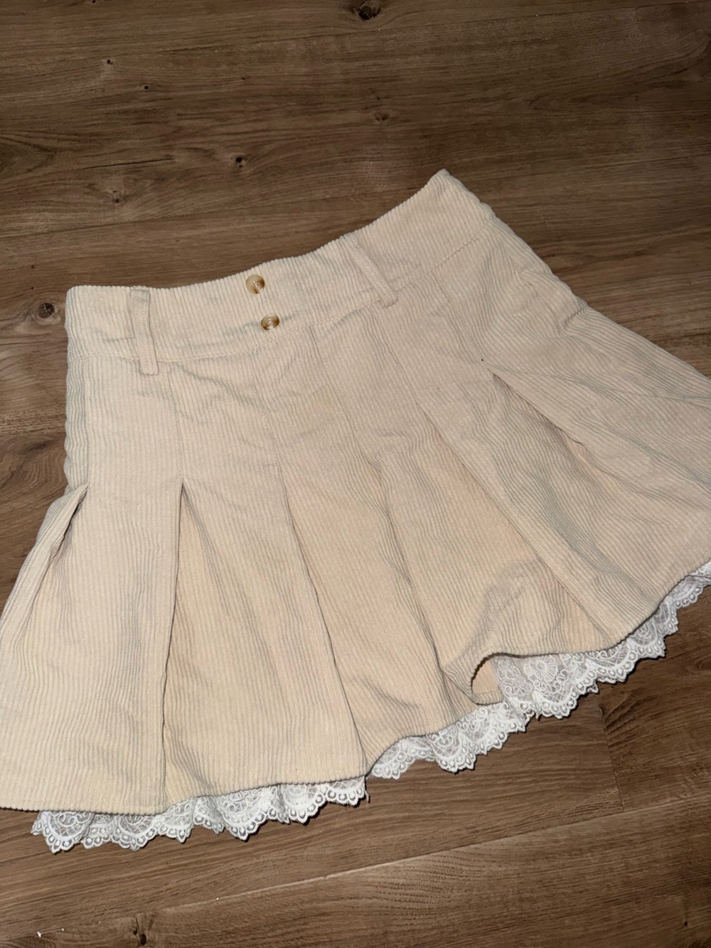 Beige corduroy skirt with lace hem